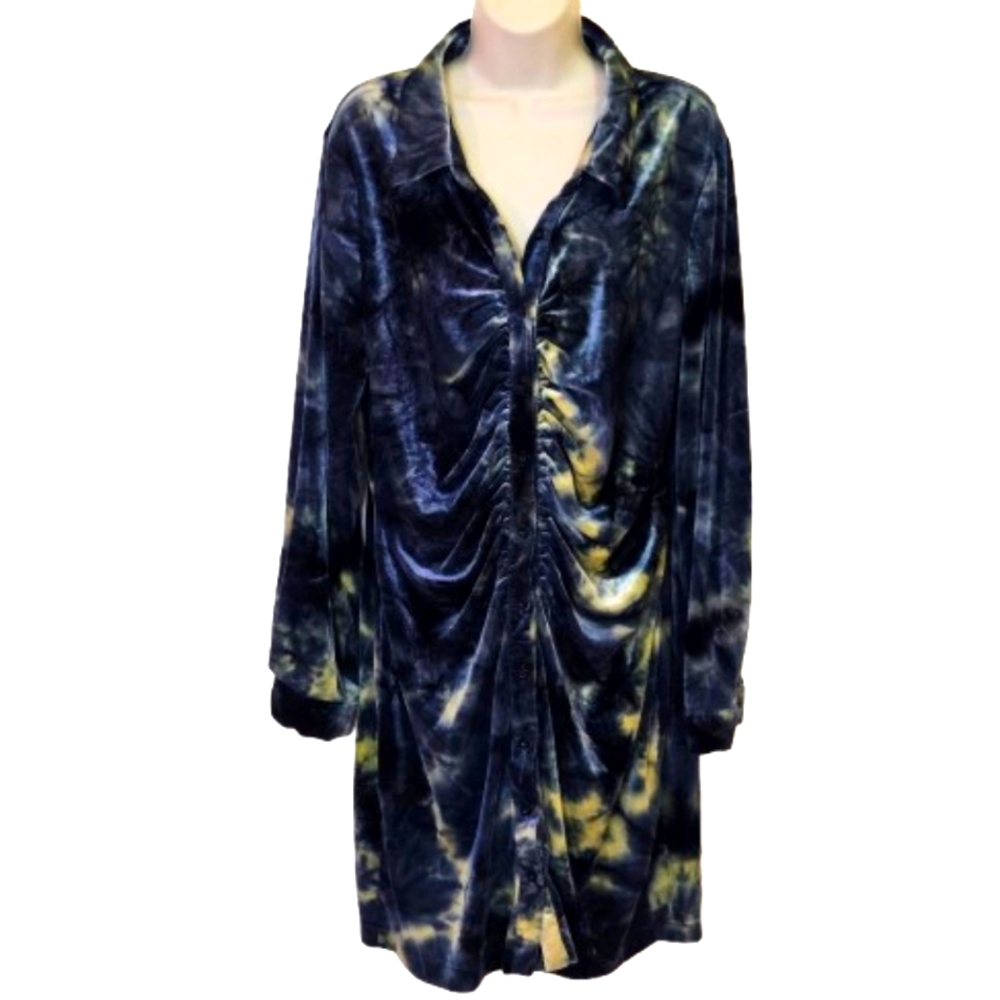 Shein Navy Blue/Green Multi-Color Tie-Dye Velvet Shirt Dress,Size 3XL